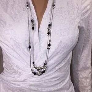 Silver and Black Two Strand Long Necklace